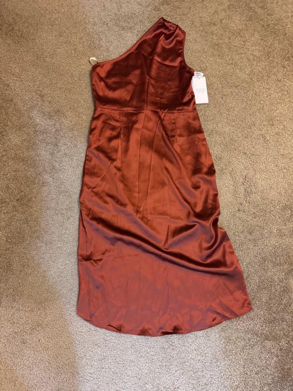 JJs House One-Shoulder Satin Midi Dress in Burnt Orange